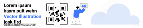 Man scans QR code using a device near cloud graphic, emphasizing web security, technology, digital data sharing. Ideal for cloud storage services, QR code tools, cybersecurity, digital marketing, app