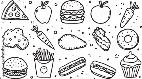 Black and white cartoon illustration of assorted foods including pizza hamburger donut fries cupcake carrot broccoli and apple design
