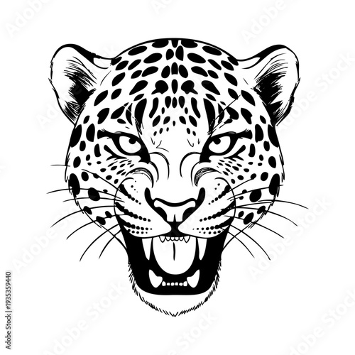 Dibujo sencillo con líneas de la cabeza de un leopardo enojado vista de frente 