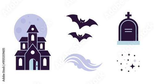 Halloween icons featuring a haunted house, bats, and tombstone.