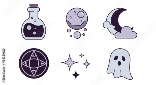 Halloween icons set with mystical symbols and ghost.
