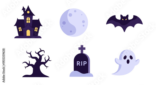 Halloween icons set with haunted house and ghostly elements.