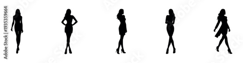 Contemporary black silhouettes of women showcasing graceful posture and confident movement ideal for professional presentations, corporate identity, and sleek visual communication projects