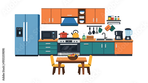 Stylish kitchen layout with functional elements, preparing and dining space. Home decor and culinary activities concept