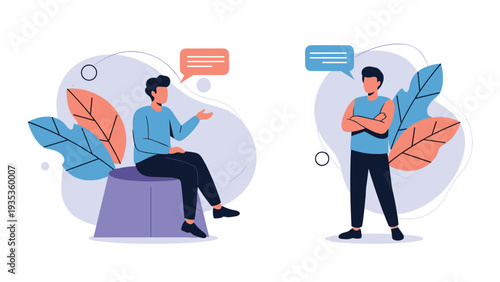 Two young men wearing casual blue shirts having a conversation with speech bubbles in a stylized modern illustration.