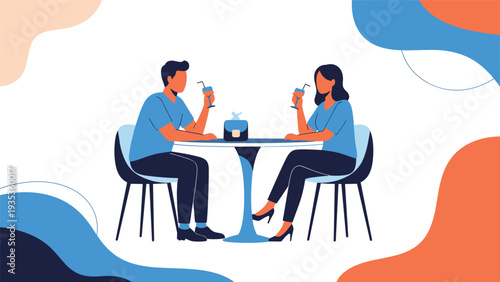 Young couple sitting at a cafe table enjoying cold drinks and pleasant conversation in a relaxed atmosphere with colorful shapes.
