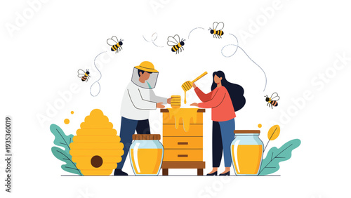 Two beekeepers in protective gear collecting fresh honey from a beehive while bees fly around in a natural outdoor environment.