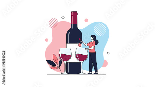 Giant wine bottle and glasses with a woman interacting with the label in a conceptual illustration of tasting and appreciation.