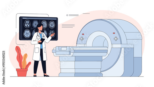 Female doctor in a white lab coat standing near a modern MRI scanner and explaining brain scan results displayed on a large monitor.