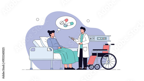 Professional doctor talking to a patient in a hospital bed with a thought bubble showing medication and a wheelchair nearby.