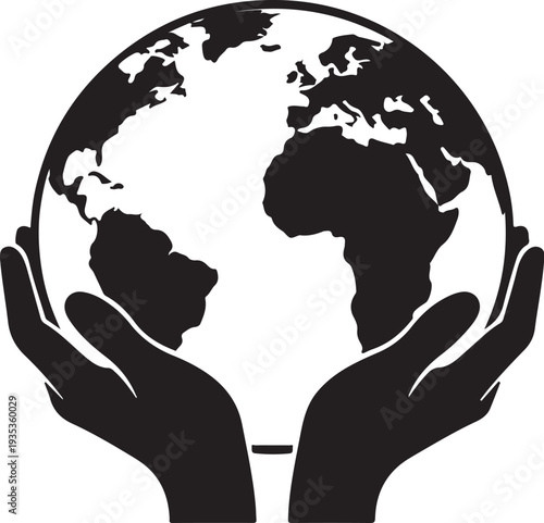 Hands holding the Earth globe in black silhouette style