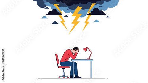 Stressed office worker sitting at his desk under a dark storm cloud with lightning representing high pressure and burnout.