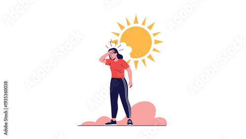 Woman suffering from severe heat exhaustion outdoors under a bright sun representing high temperatures and climate impact.