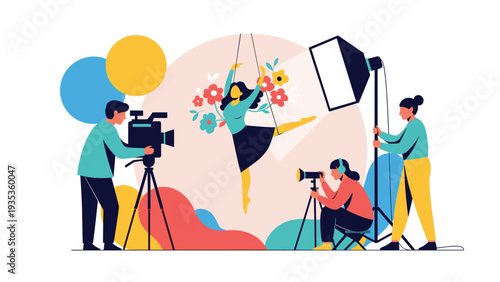 Professional film crew recording a graceful ballet dancer in a studio with cameras, lighting equipment, and dedicated staff.