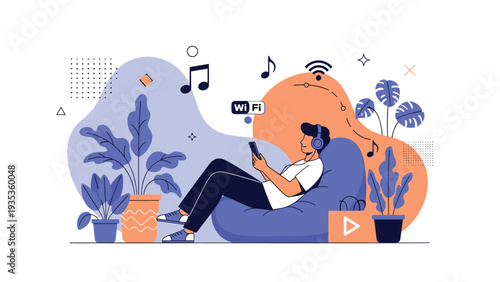 Young man relaxing in a bean bag chair while listening to music on his smartphone with Wi-Fi icons and abstract plant decorations.