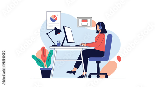 Professional female support agent wearing headphones and working on a computer in a clean and modern office environment.