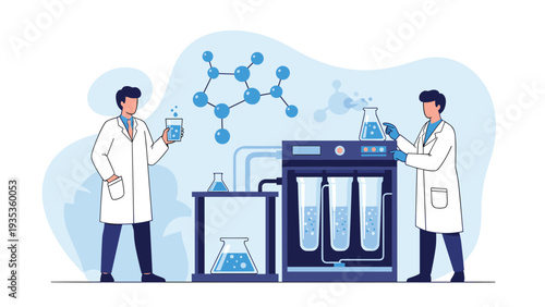 Professional researchers using specialized laboratory equipment for chemical testing and scientific analysis in a modern facility.