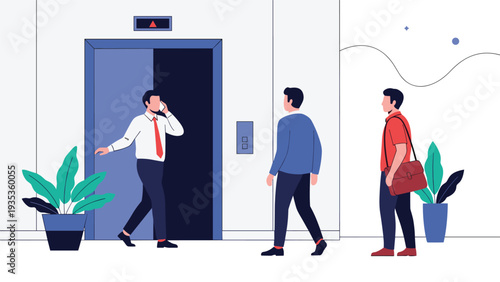 Businessman talking on a mobile phone while exiting an elevator in a modern office building with colleagues in the background.