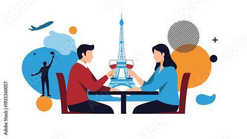 Romantic couple having a fine dining experience in front of the Eiffel Tower in Paris while raising their glasses for a toast.