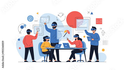 Team of professionals wearing virtual reality headsets while working together in a high-tech and collaborative virtual workspace.