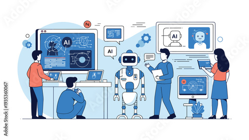 Engineering team working on artificial intelligence and robotics in a high-tech laboratory with a central humanoid robot.