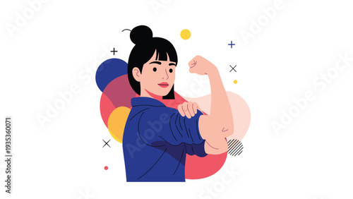 Empowered young woman showing her muscles in a strong pose inspired by Rosie the Riveter with colorful abstract shapes behind.