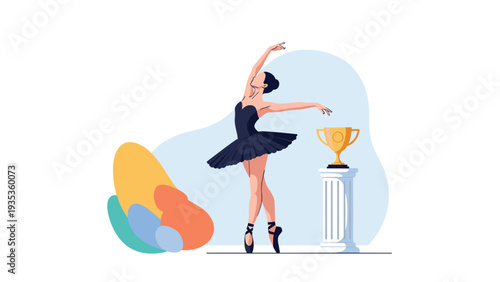 Beautiful ballerina dancing gracefully on a stage next to a golden trophy on a pedestal celebrating achievement in performance.