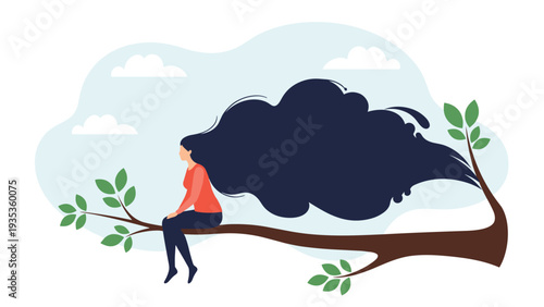 Woman sitting on a tree branch with her long flowing hair merging into a dark cloud representing imagination and mental state.