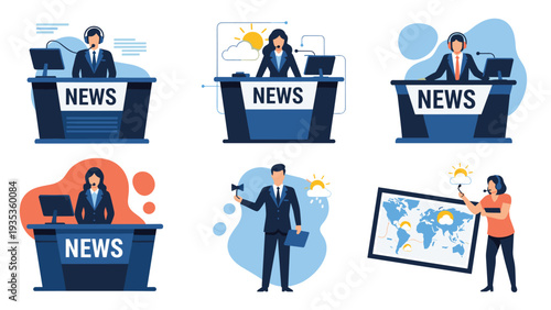 Set of professional television news anchors and reporters presenting weather and world news from modern studio backgrounds.