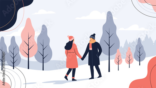 Young couple walking hand in hand through a peaceful snowy winter forest with colorful trees and a cold serene atmosphere.