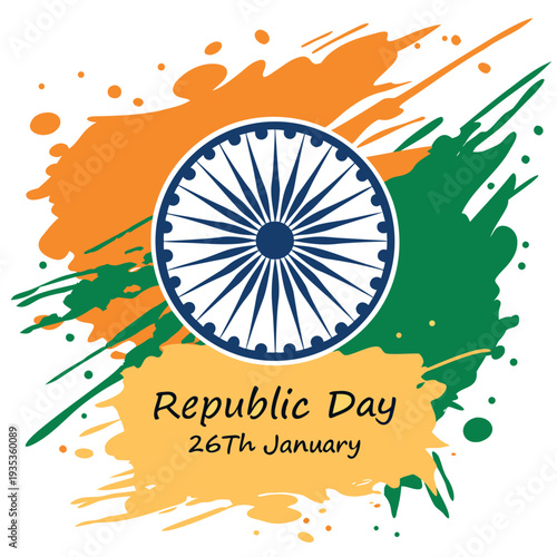 India Republic Day greeting with India Gate, national flag, and Ashoka Chakra.