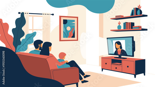 Family of three sitting on a sofa and watching a program on a television together in their cozy and comfortable living room.