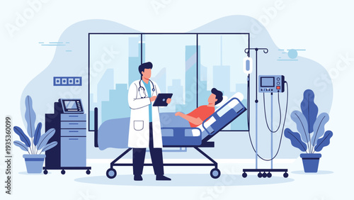 Male doctor attending to a patient in a hospital bed with modern medical monitoring equipment and a bright city view background.