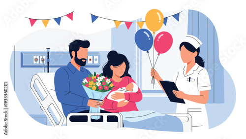 Joyful couple in a hospital room celebrating their newborn baby while a friendly nurse brings colorful balloons and flowers.