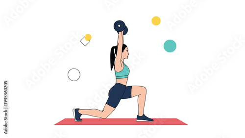 Strong woman performing a lunge exercise while holding dumbbells above her head in a stylized fitness illustration.