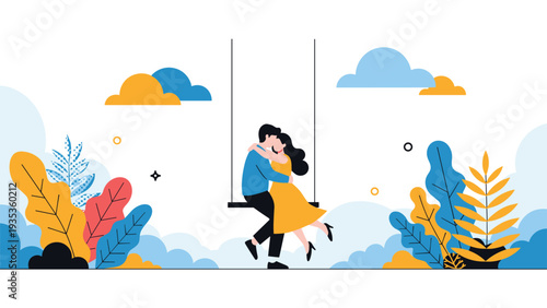 Romantic couple embracing and swinging together on a wooden swing set surrounded by colorful clouds and stylized plants.
