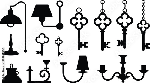 Vintage decorative keys and antique lamps silhouettes collection with chandelier lighting fixtures classic interior design vector illustration set