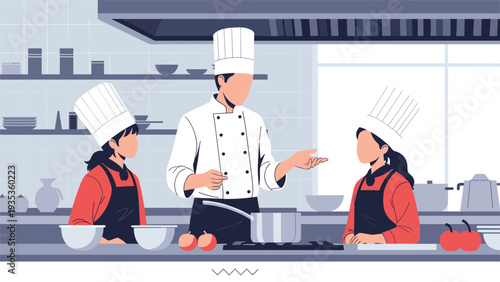 Professional chef instructor teaching two young students how to cook a meal in a well equipped commercial kitchen.