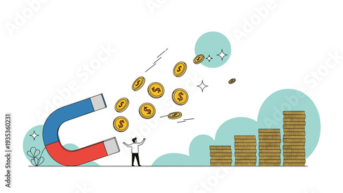 Giant magnet attracting a stream of gold coins while a small person watches money pile up in a financial illustration.