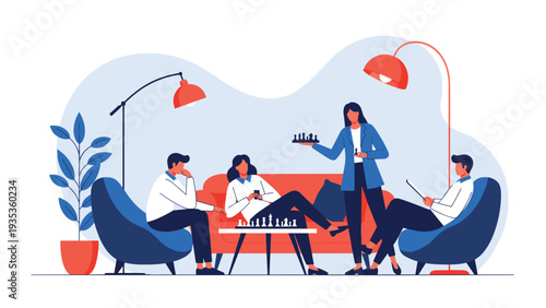 Group of friends gathered in a cozy living room to play chess and enjoy each others company in a relaxed atmosphere.