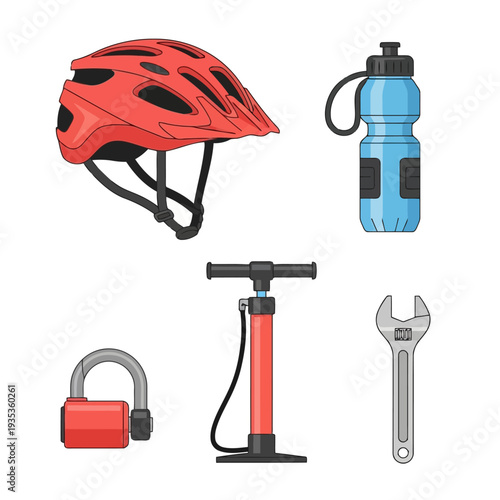 Cycling accessories including helmet, water bottle, pump, lock, and wrench displayed together