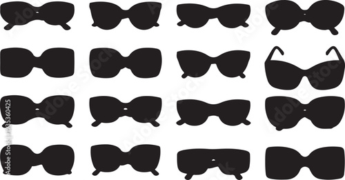 Collection of various black sunglasses silhouettes on white background