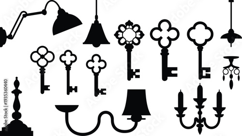Vintage decorative keys and antique lighting silhouettes collection including chandeliers wall lamps and classic interior decor vector set