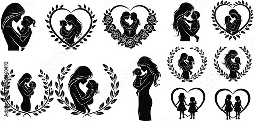 Mother and child love silhouette collection with heart frames and floral wreaths, motherhood bonding vector set for family, parenting, pregnancy, maternal care, and love theme designs