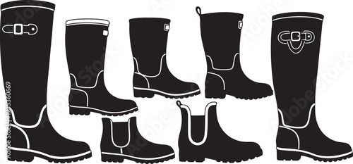 Collection of black rubber boots with white outlines isolated