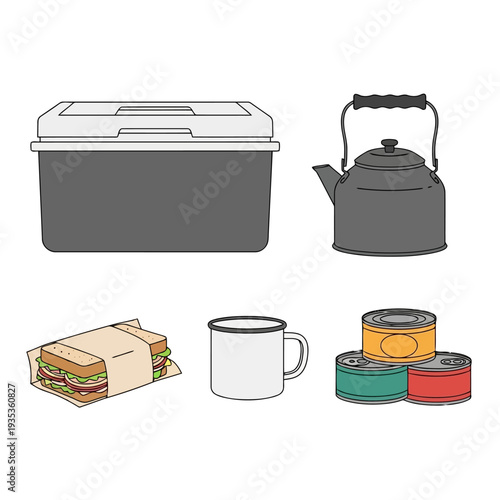 Assorted picnic items including cooler, kettle, sandwich, mug, and tea containers arranged neatly on a plain surface.