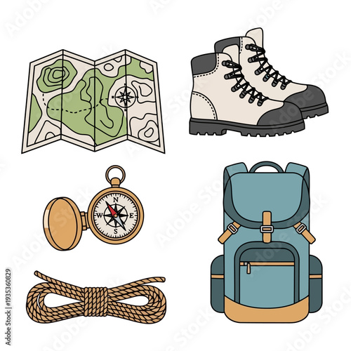 Hiking essentials including map, boots, compass, backpack, and rope displayed together in a travel preparation scene
