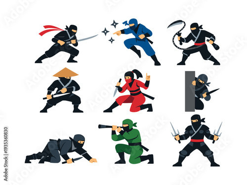 Ninja characters in different poses, holding traditional Japanese weapons like katanas, shurikens, and sais, engaging in combat and stealth