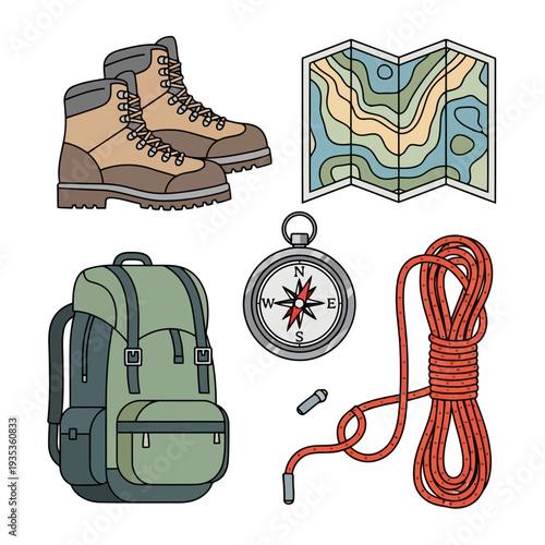 Hiking essentials including boots, map, compass, backpack, and rope for adventure and exploration in the great outdoors.