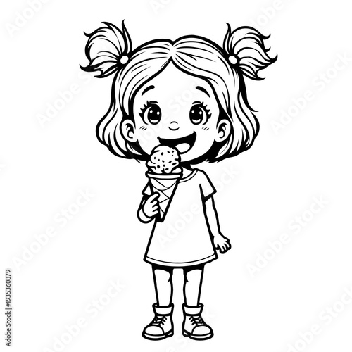 Adorable cartoon girl with pigtails happily holding an ice cream cone, black and white drawing on white background, concept of childhood joy